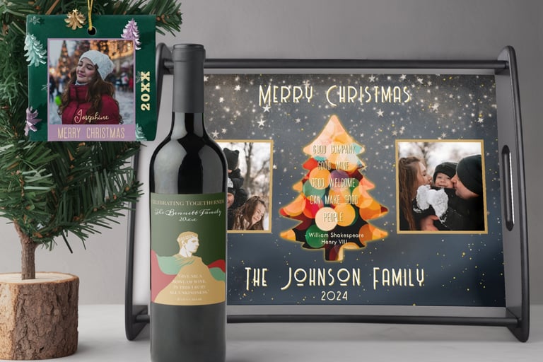 Custom Christmas wine label, Christmas ornament and personalized serving tray