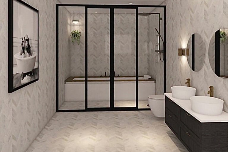 Plan 3D d’une salle de bain blanche 