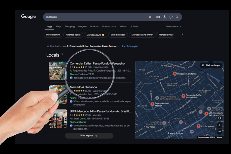 Busca realizada no Google para localizar mercado próximo da região da pesquisa