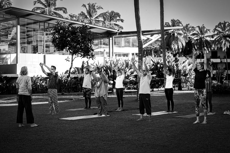 Outdoor morning yoga practice. Breathing patterns can change with physical activity.