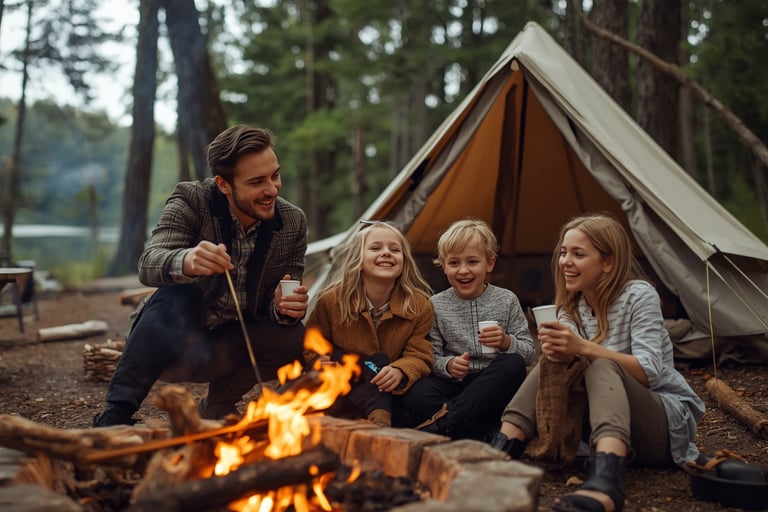 a family of four people sitting around a mosquito free campfire