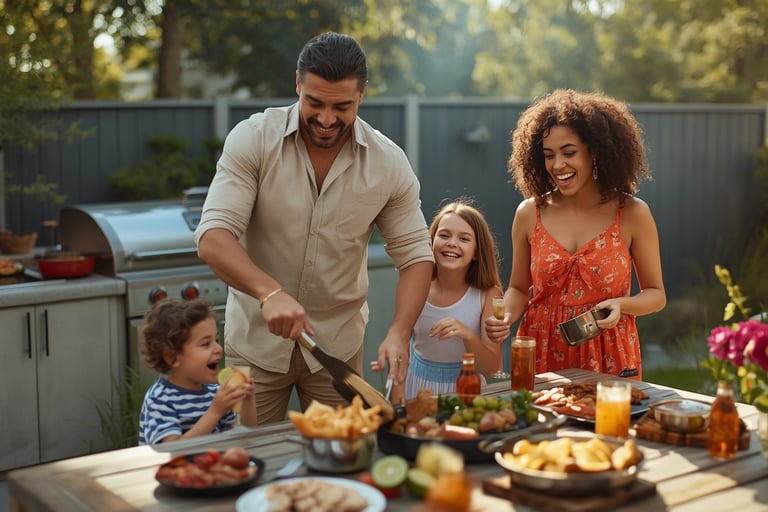 a man and two children are gathered around a mosquito free table