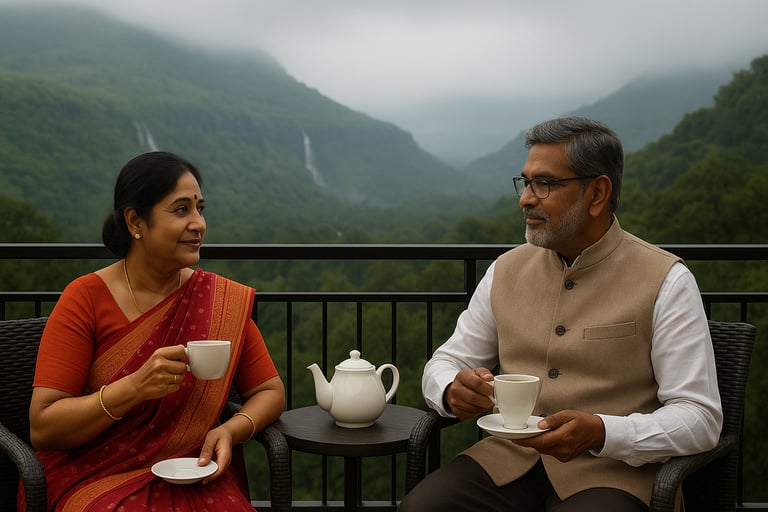 Elderly couple enjoying tea at Igatpuri hill station.