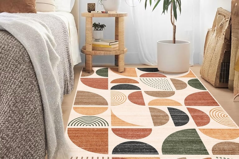 a mid-century color block rug with a bed