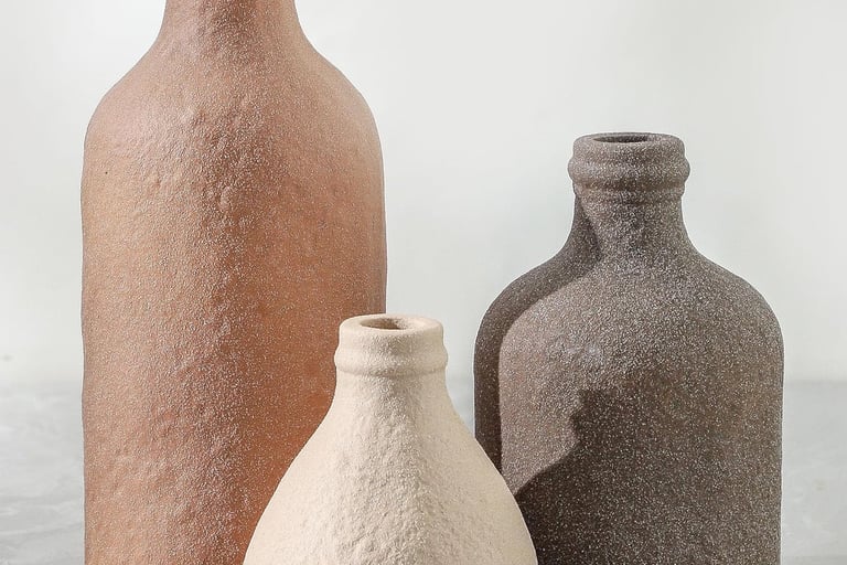 three textured vases with different colors