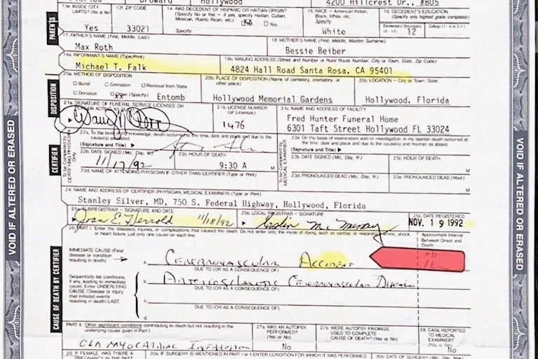 Michael Falk reporting the Death of Gertrude Falk is suspicious in Broward County Florida