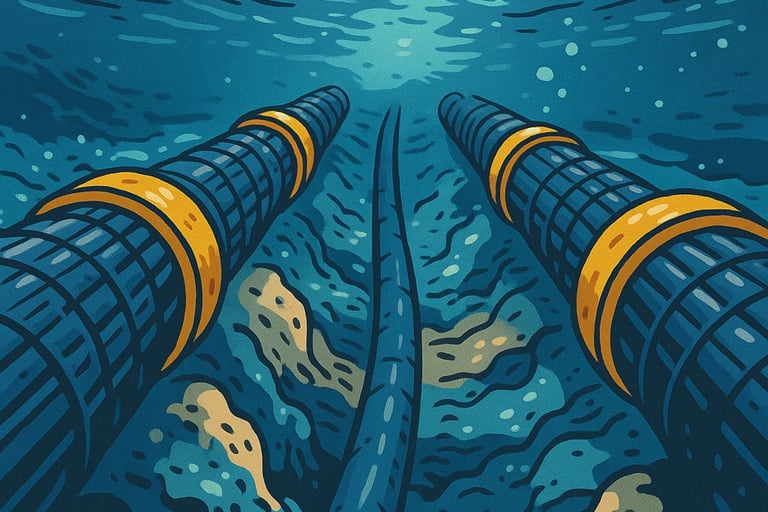 a pair of pipes with a view of a body of water