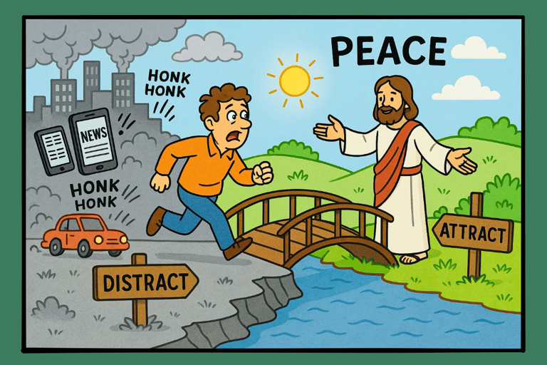 Cartoon man running across bridge from stressful distractions to Jesus.