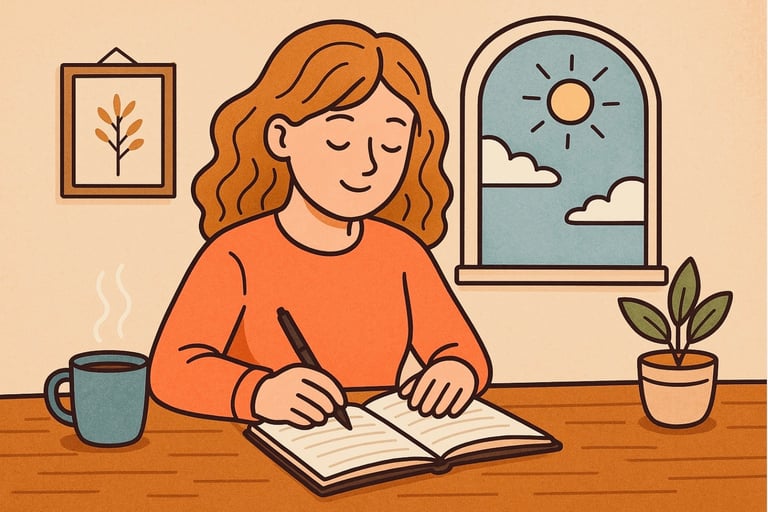 A young lady finds peace at home while journaling.