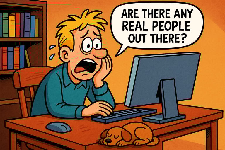 Frustrated man alone with his dog in front of his computer, seeking friendship.