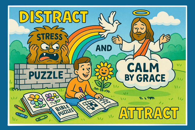 Cartoon about experiencing the Joy of calmness and peace in activities that focus on Jesus.