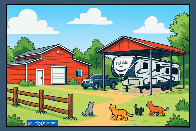 A peaceful cartoon farm picture with red barn, RV camper, truck, and animals.