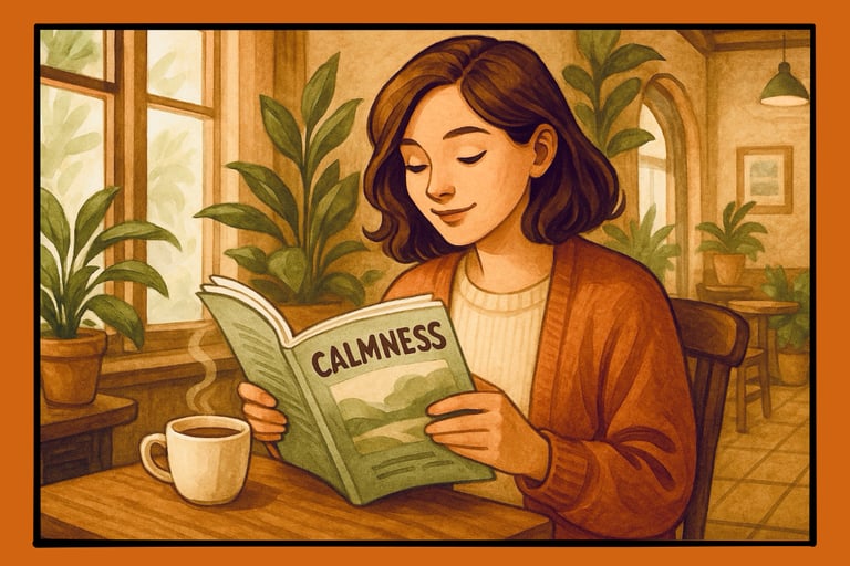Content woman sipping tea in coffee shop and reading about calmness.