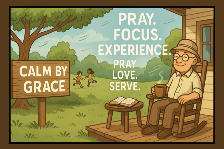 Cartoon of a peaceful, old man on his porch with a Bible and some tea. Children play nearby. 