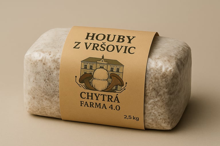 Pěstební blok s myceliem o hmotnosti 2,5 kg od městské farmy Houby z Vršovic s etiketou Chytrá Farma