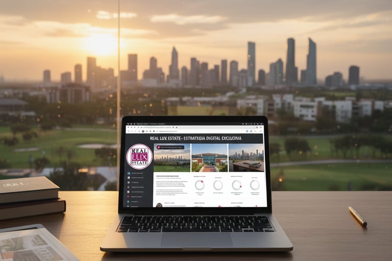 Oficina de lujo con vista al campo de golf en Bosque Real al atardecer. Escritorio con laptop