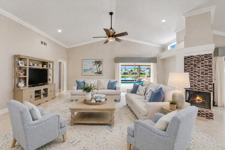 Spacious empty living room after virtual home staging. 
