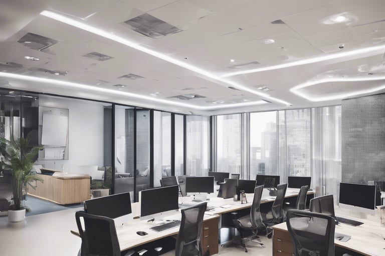 a large office with a desk and chairs