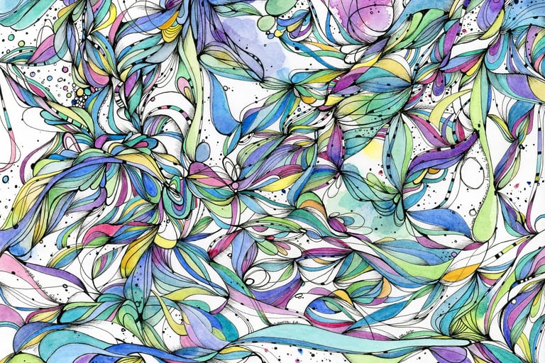 Aquarelle et encre abstraite dans les tons bleus verts et violets