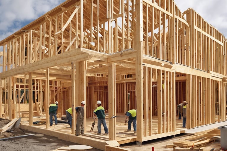 a group of men working around a house under construction