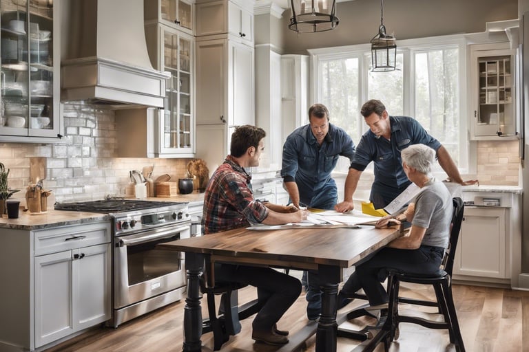 a family of four people standing around a table