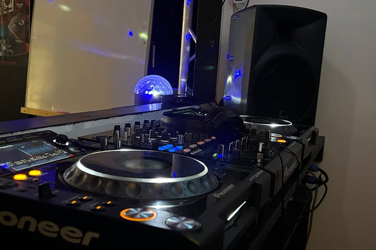 Close-up of Pioneer CDJ deck and DJM mixer for practice at Prague DJ Society.