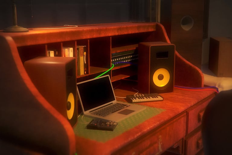 Escrivaninha com um notebook, monitores de áudio, mixer etc desenvolvida por Helldise Design