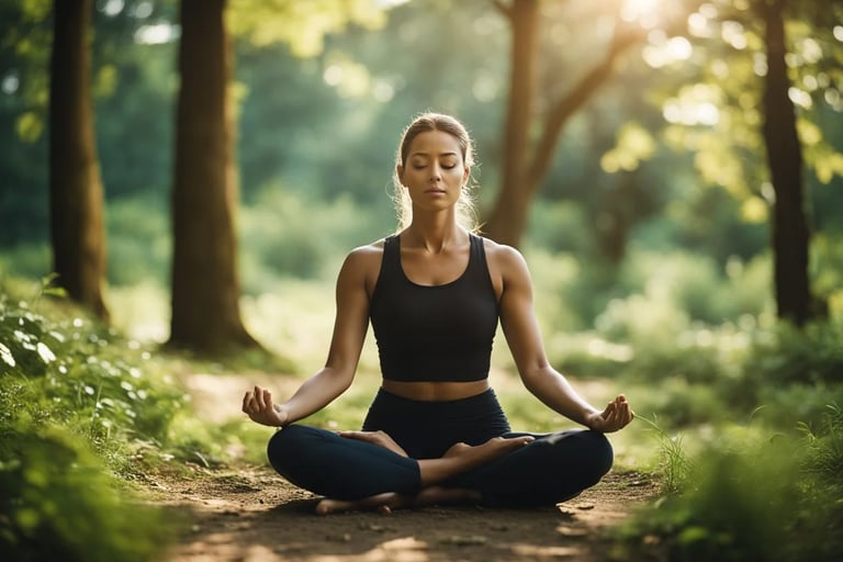 Woman practicing pranayama in forest, sitting cross-legged with eyes closed.