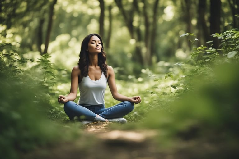 Young woman doing pranayama meditation in nature, seated calmly on a forest path with focused breath