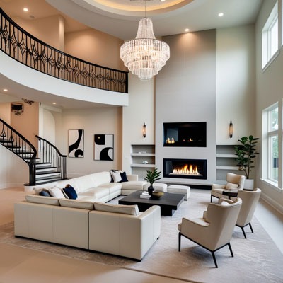a living room with a large chandelier and a chandelier