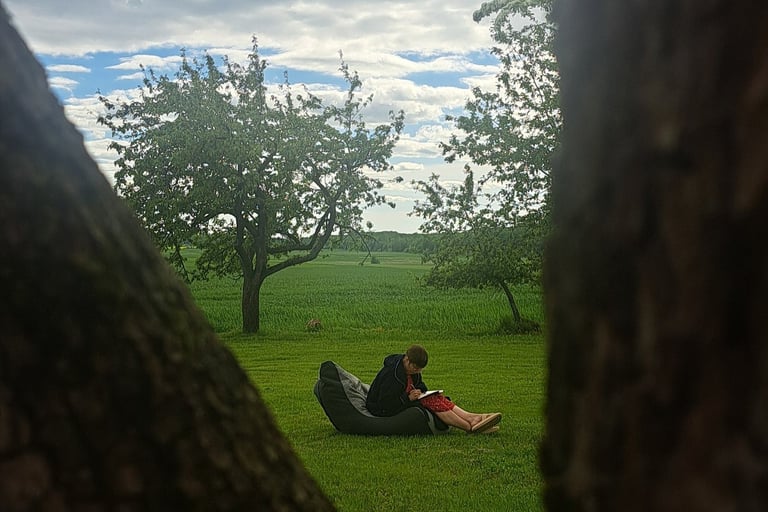 A person relaxing in a bean bag chair outdoors, reading in a scenic green field with trees.