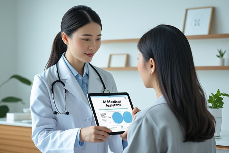 A doctor reviewing AI-generated diagnostics on a tablet while speaking to a patient in a clinic 