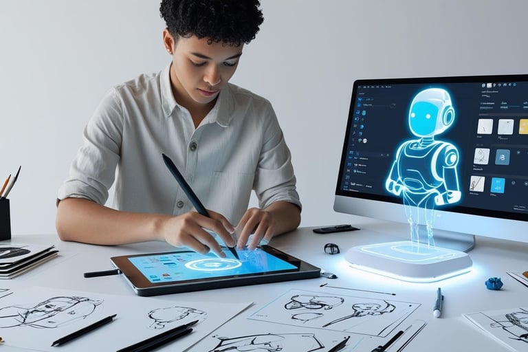 Creative individual using a laptop or tablet surrounded by sketches, digital tools, and an AI Agent