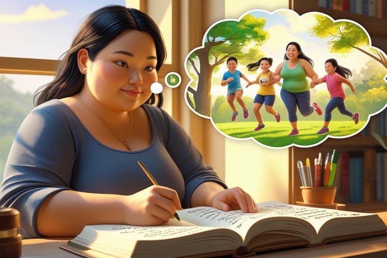 Person journaling by a window, with a thought bubble showing deeper motivations like family,