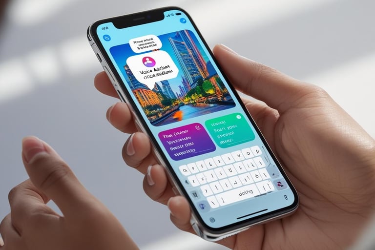 Hand holding a smartphone showing multiple AI features: voice assistant, smart camera