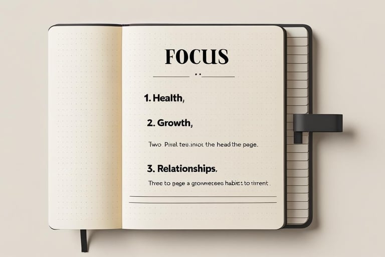 Notebook page divided into 3 sections labeled Health, Focus, and Relationships — each with one habit