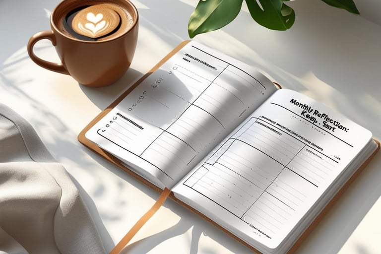Peaceful journaling scene with a coffee cup, planner, and a page titled ‘Monthly Reflection: 