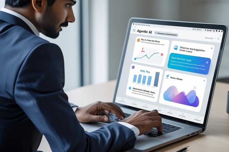 Person working on a laptop with AI tools on-screen — charts, text suggestions, smart assistant 