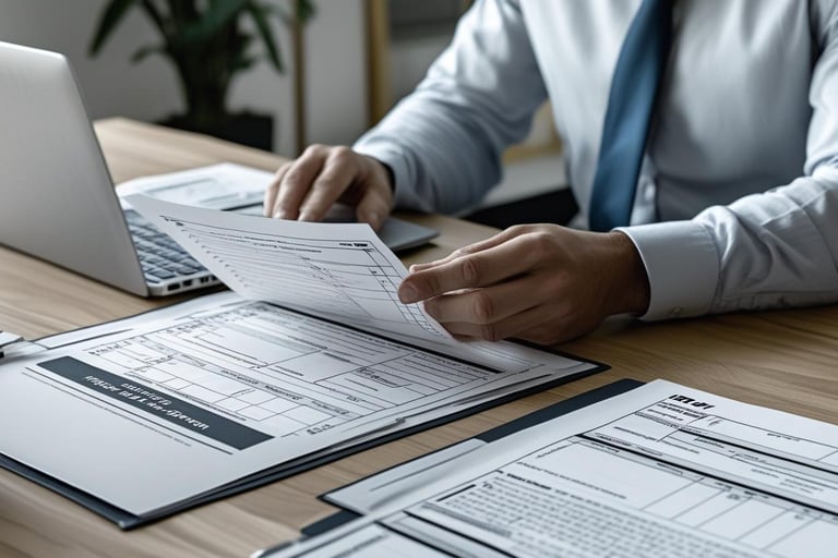Professional reviewing tax forms with laptop and legal documents, calm and organized workspace