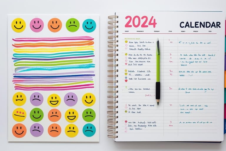 Wall calendar with hand-drawn habit streaks and smiley stickers, next to a notebook