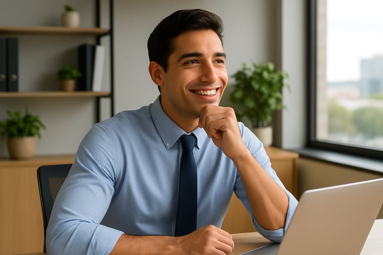 Hombre en la oficina, pensando en emprender y poner un negocio para más ingresos.