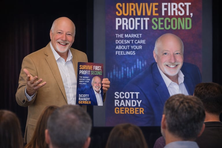 Author Scott Randy Gerber presents his business book Survive First Profit Second to an audience.