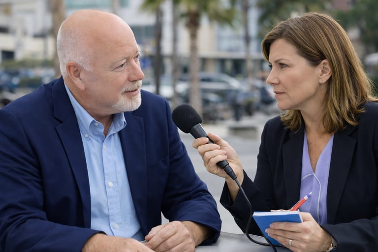 A female news reporter in a blazer holding a microphone while interviewing Scott Randy Gerber