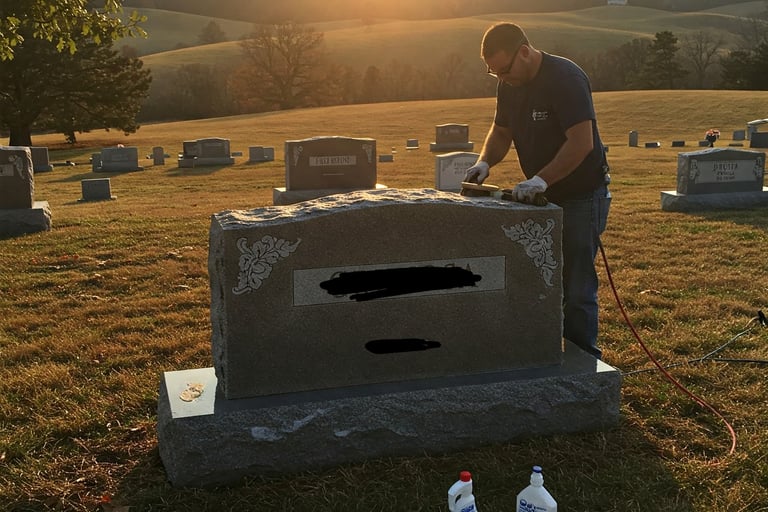 Photo of headstone cleaning in Northwest Arkansas by Turnover Fix & Shine.
