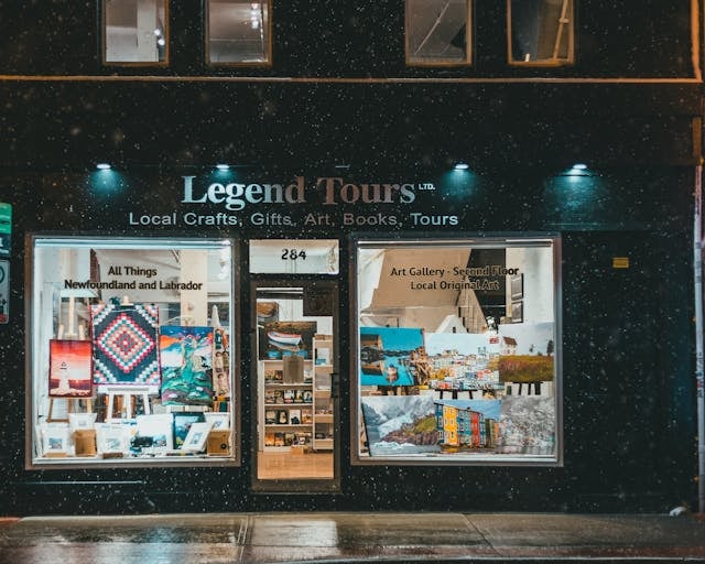 a storefront door with a storefront window display