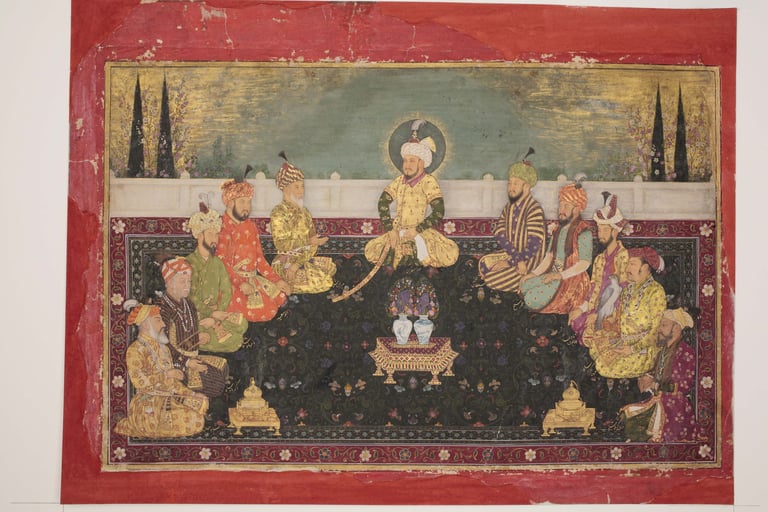 Group portrait of Mughal rulers, from Babur to Aurangzeb, with the Mughal ancestor Timur seated in t