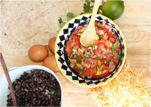 pico de gallo, cilantro, limes, beans, eggs, tortillas
