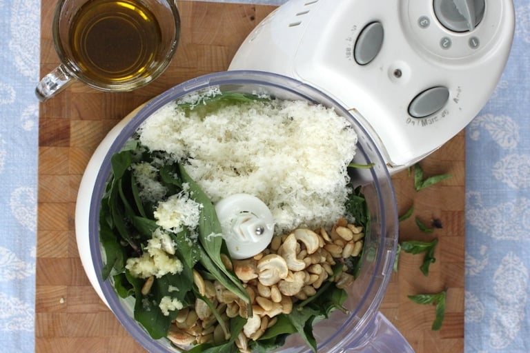 ingredients needed for Thai Basil pesto in a food processor