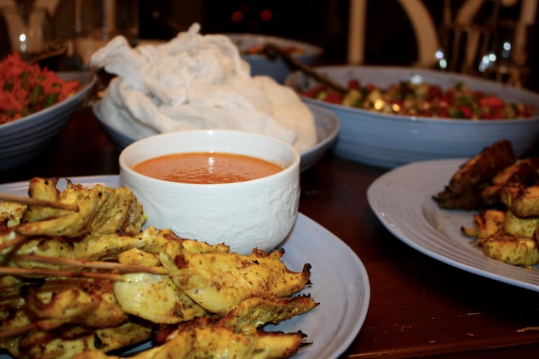 chicken satays with peanut sauce and sticky rice
