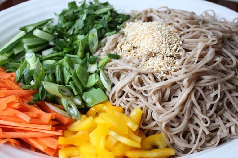 ingredients and noodles for Potluck Soba Salad